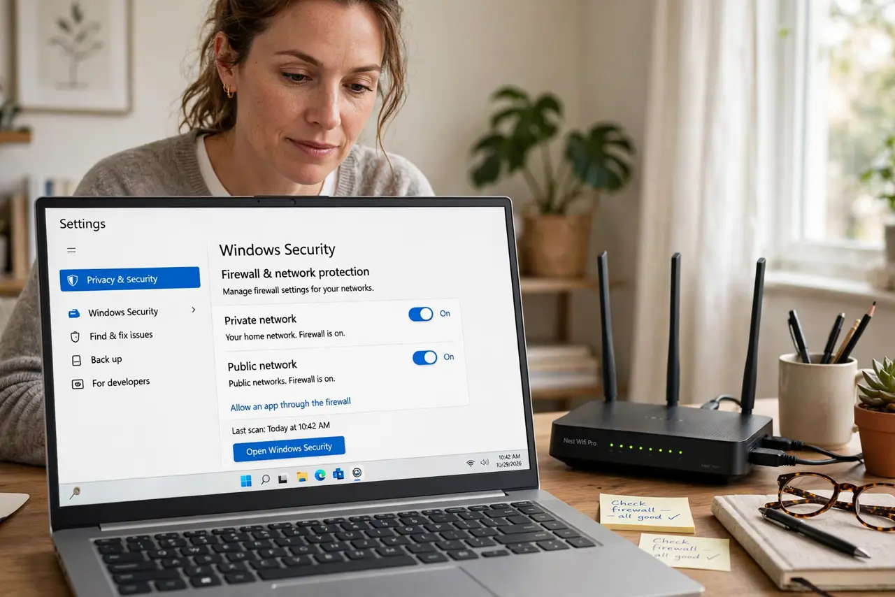 Router Firewall vs Computer Firewall — a person looking at a real laptop showing firewall settings with legible toggles, a real router beside it, the