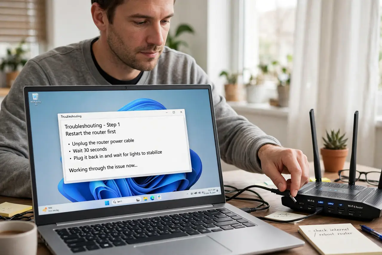 Person performing step 1: Restart the router first. Unplug the router, wait thirty seconds, and plug it back in, then wait for its lights to settle. A clean...