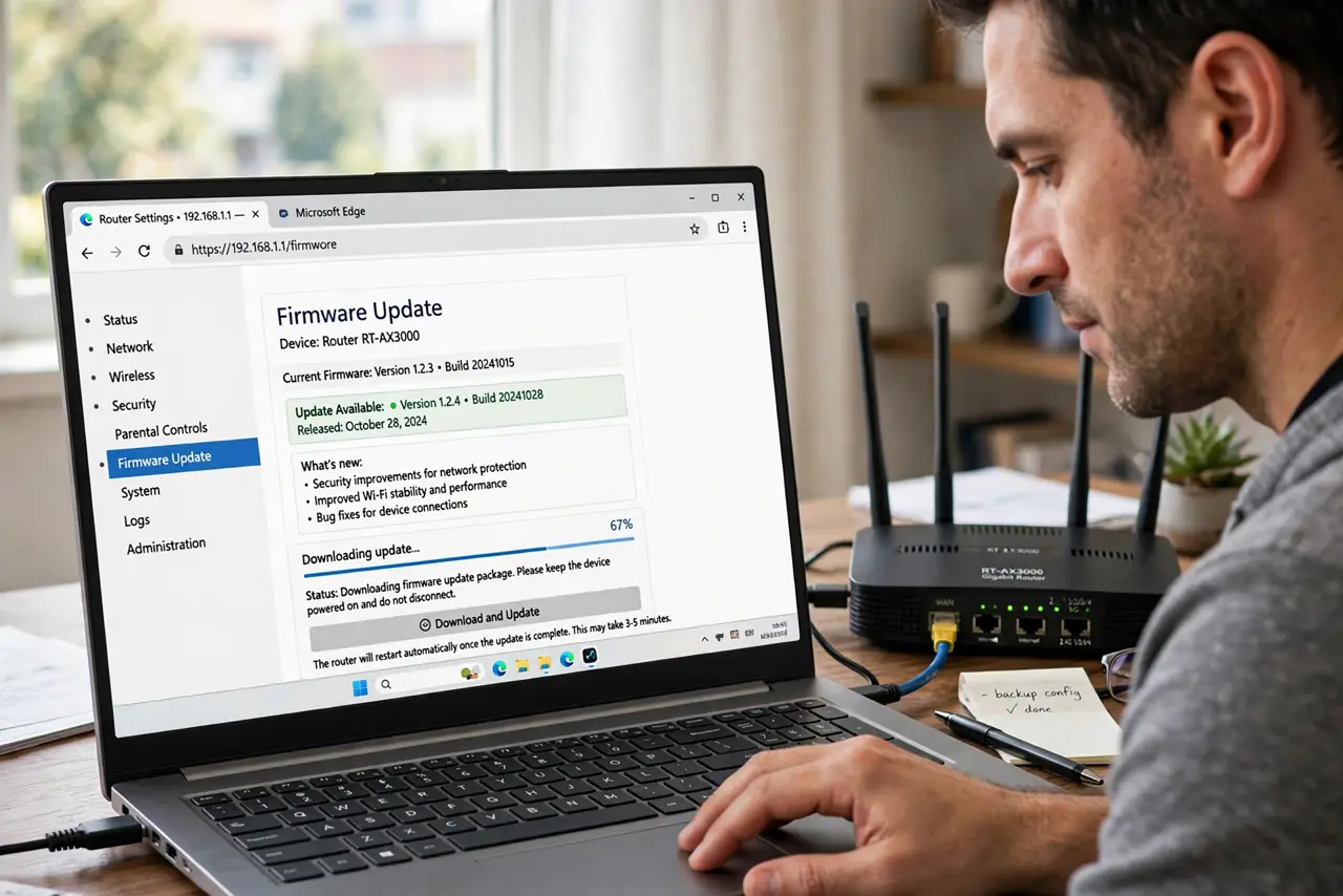 Photorealistic photo: A calm adult near a real router with a real laptop connected by cable, the real router settings screen visible complete and legible, the person updating carefully.