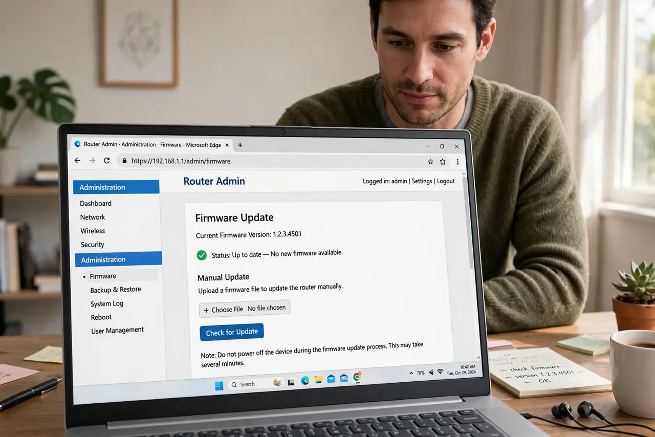 Photoreal photo of a person performing the first step: Find the firmware section. Log in to your router's admin page and look for Administration, A...