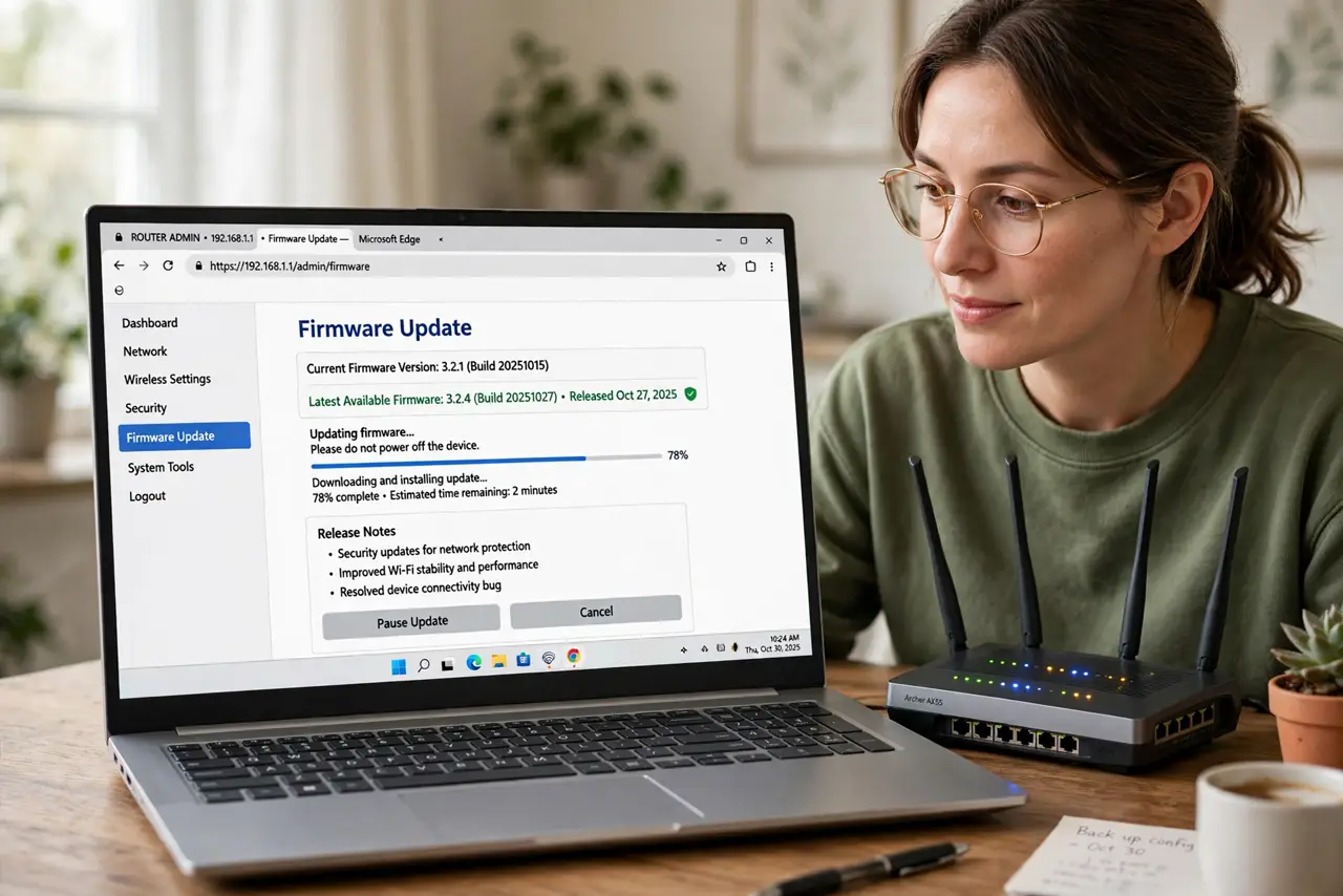 Photoreal photo: a person looking at a real router admin page on a real laptop showing a firmware update screen with version numbers legible, the router beside the laptop with blinking lights, the person's face foc...
