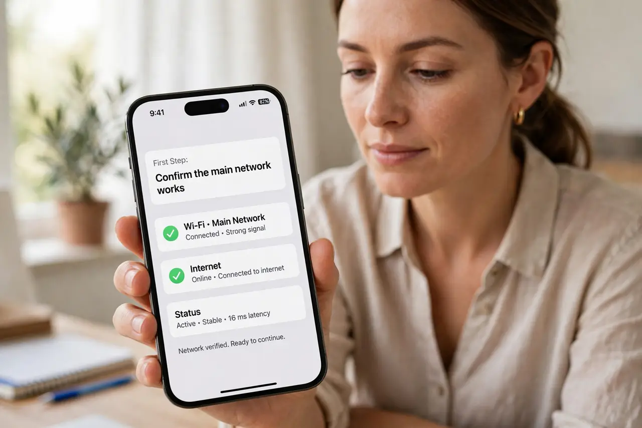 Person performing step 1: Confirm the main network works. Test the main network on your own device first. If the main network also fails, the line is the problem,...