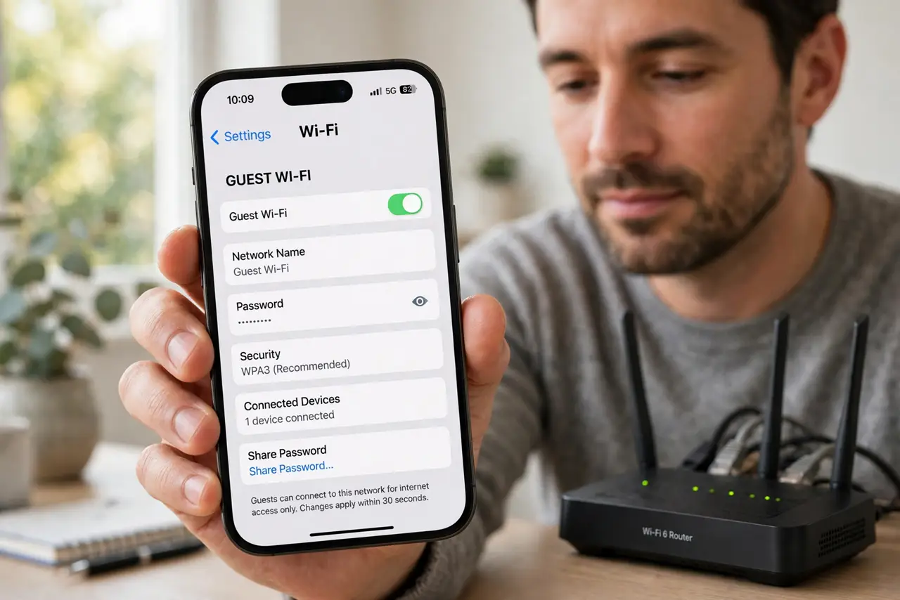 Photorealistic photo: A calm adult holding a real phone near a real router, the real guest Wi-Fi settings screen visible complete and legible, the person checking calmly.
