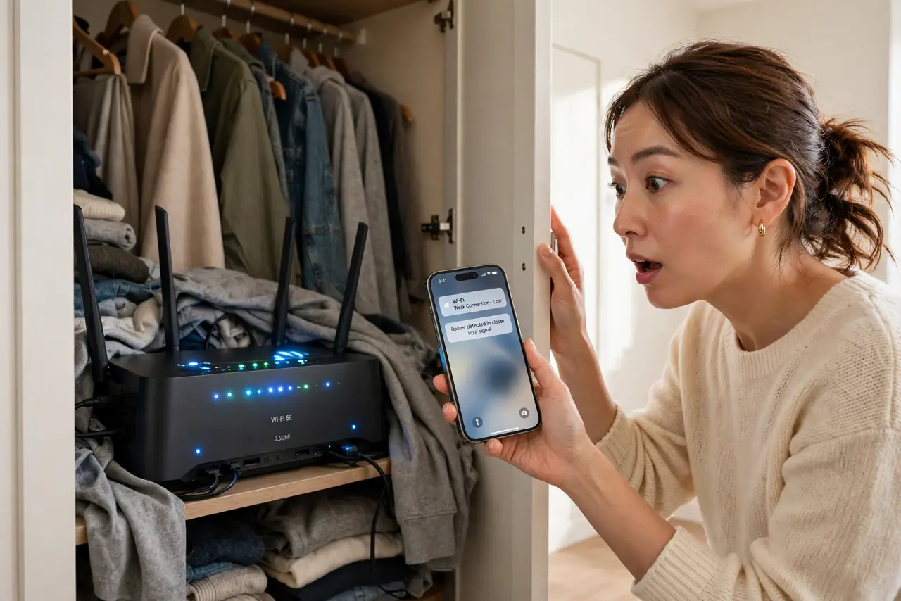 Router in a Closet — a calm adult opening a real closet door to reveal a real router buried among clothes with its lights on, holdi