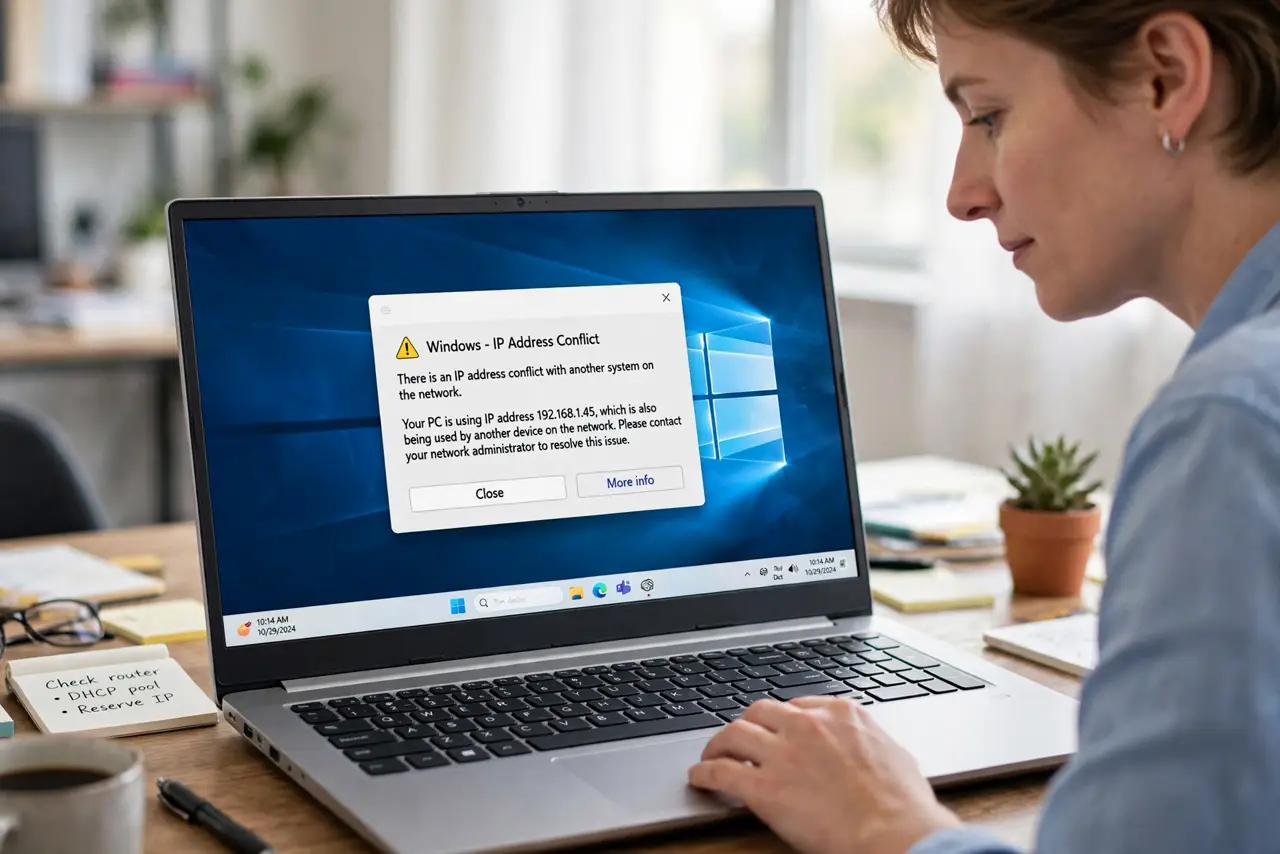 Photorealistic photo: A calm adult at a desk with a real laptop, the real IP conflict warning visible complete and legible on screen, the person checking calmly.