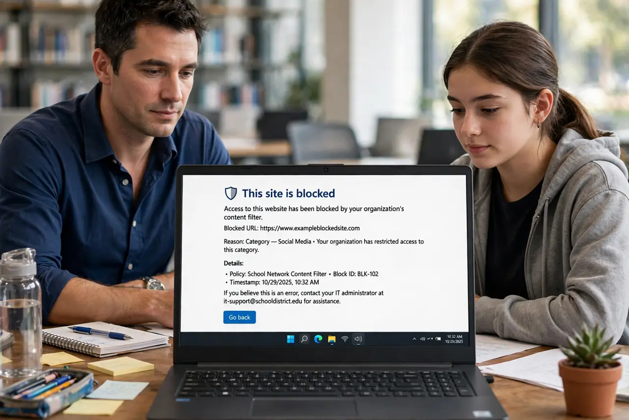 Photorealistic photo: A calm adult and a student at a desk with a real laptop, the real blocked-site page visible complete and legible, the people checking calmly.