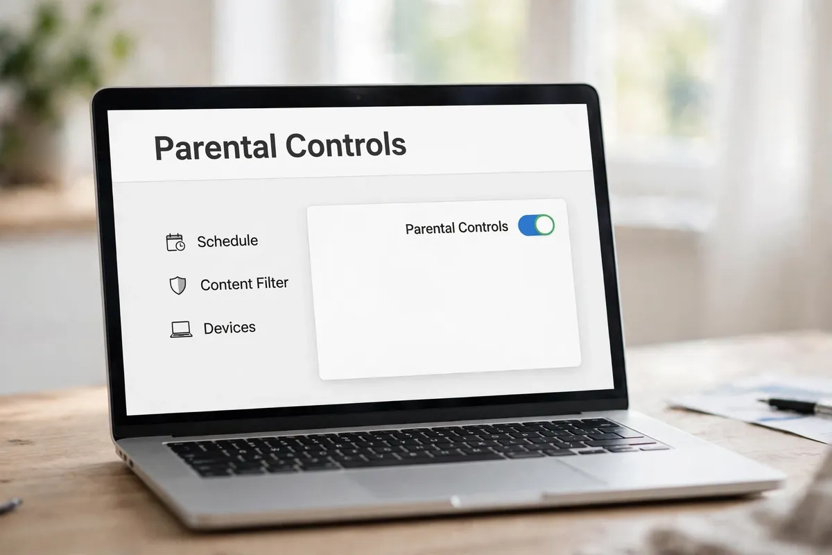 Example recreation: a laptop showing a router Parental Controls screen with Schedule, Content Filter and Devices options and the control switched on.