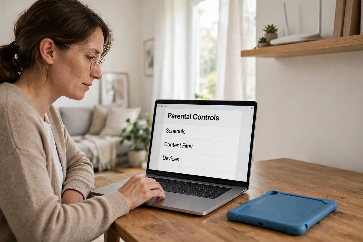 A parent at a wooden desk with a laptop showing the Parental Controls screen with Schedule, Content Filter and Devices, and a child's tablet face down beside it, with a white router on a shelf nearby.