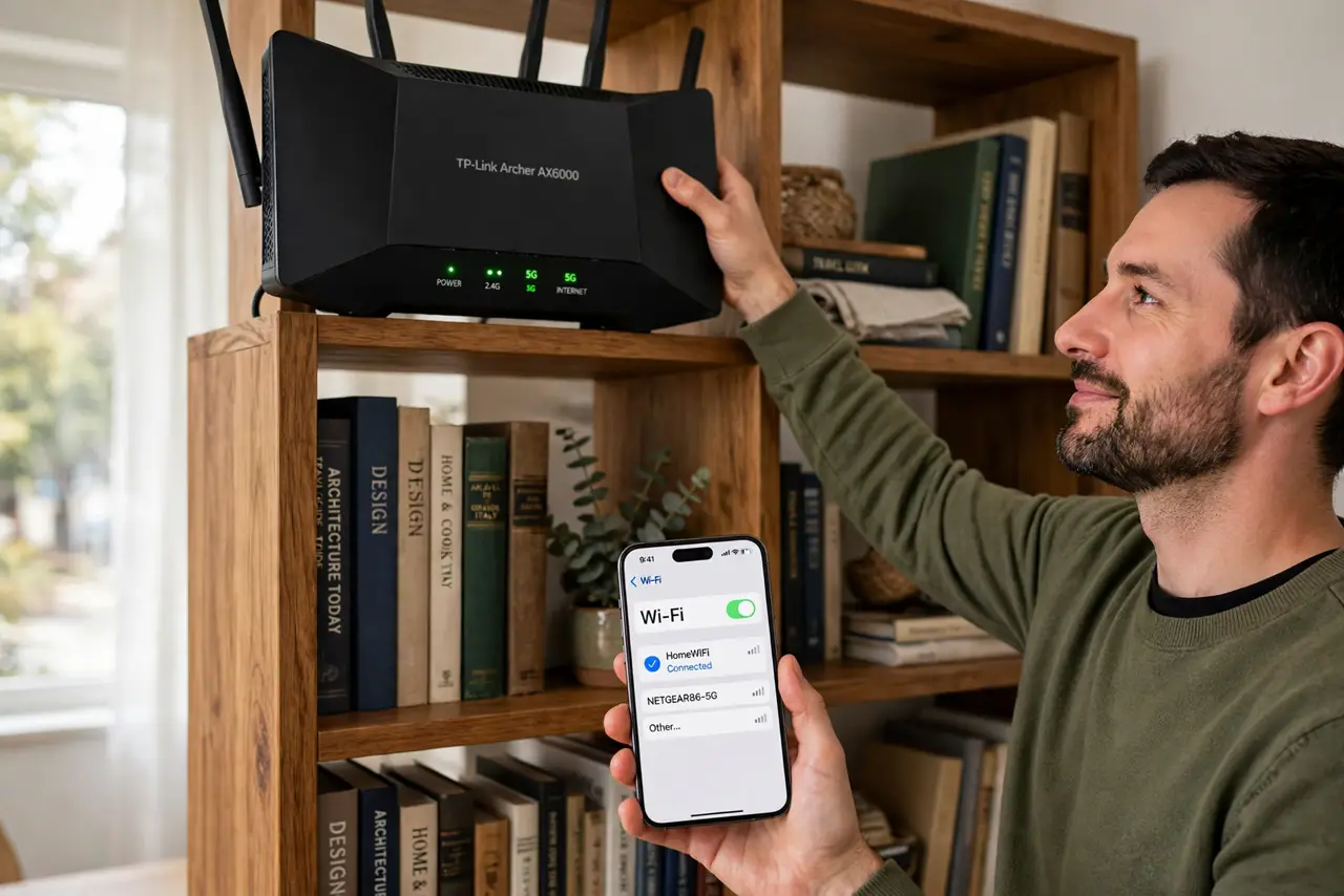 Router Height Matters More Than You Think — a calm adult placing a real router on a high bookshelf, the router's lights on and legible, a real phone in th