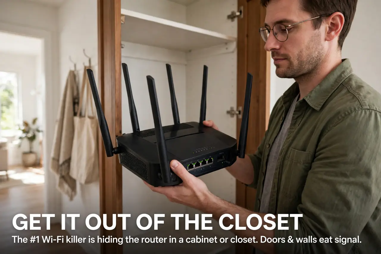 A person performing the first step of the guide: Get it out of the closet. The number-one Wi-Fi killer is hiding the router in a cabinet or closet. Doors and.