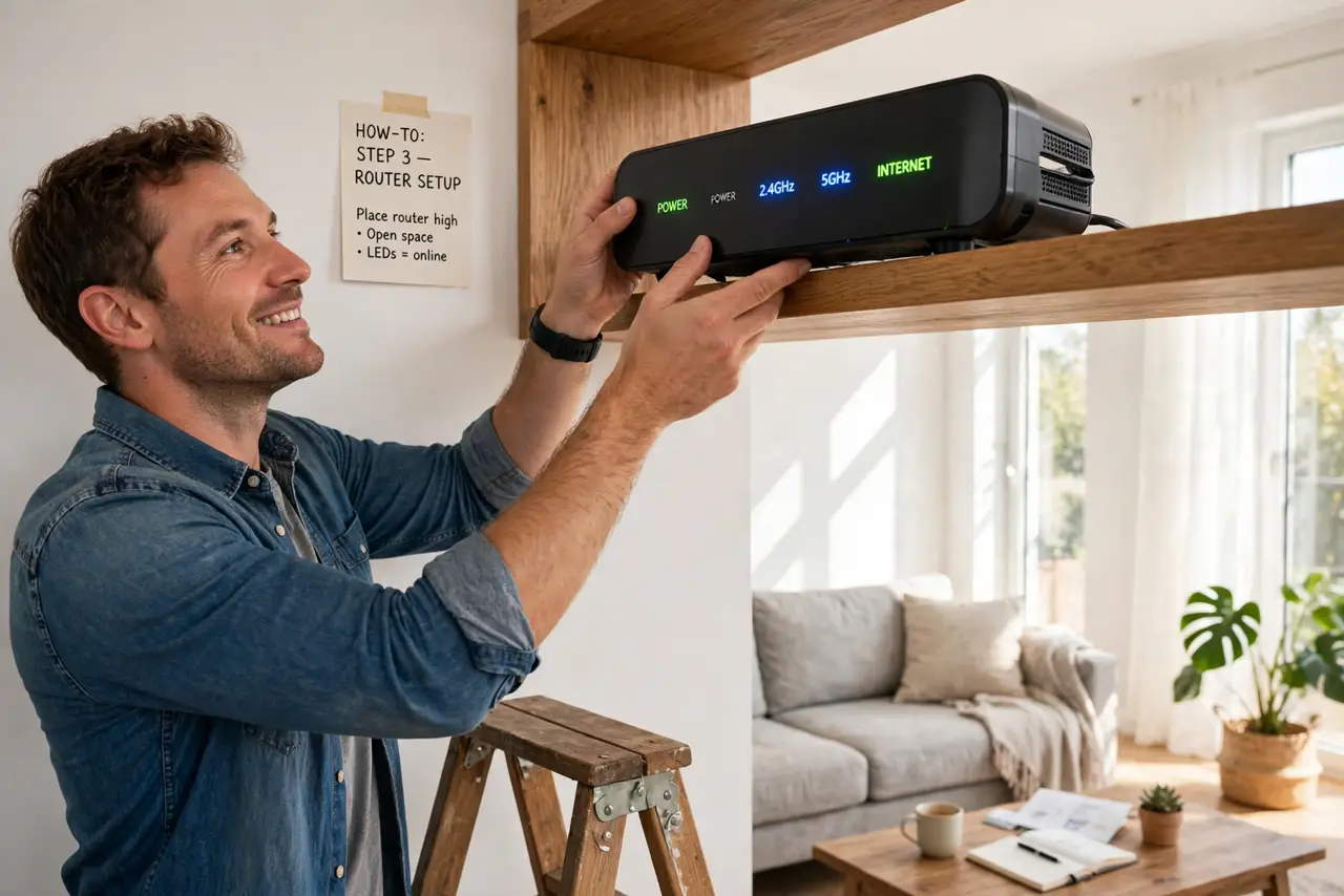 A person placing a real Wi-Fi router on a high open shelf in the middle of a home, the router's lights visible, the person's face optimistic, bright.
