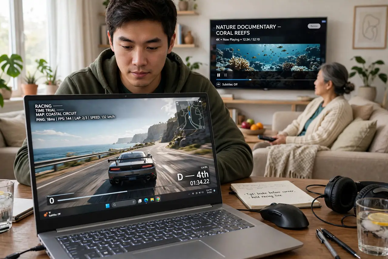 a person gaming on a real PC while a family member watches streaming video on a TV in the same room, the game running smoothly with low ping displayed, the p...