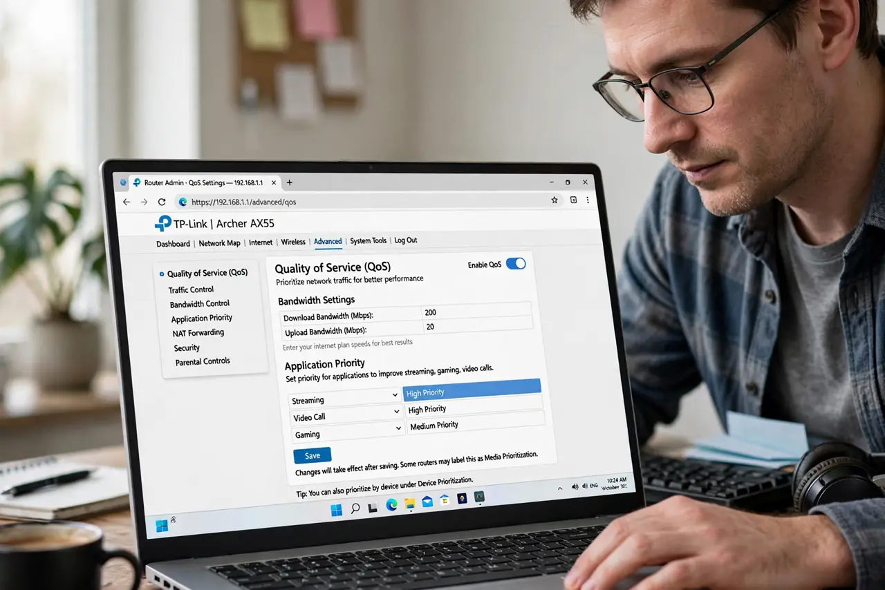 A person performing step 1 of the guide: Find the QoS setting in your router. Log into the admin page and look for QoS, traffic control, or media prioritization. It usually sits under advanced settings, and some routers c...