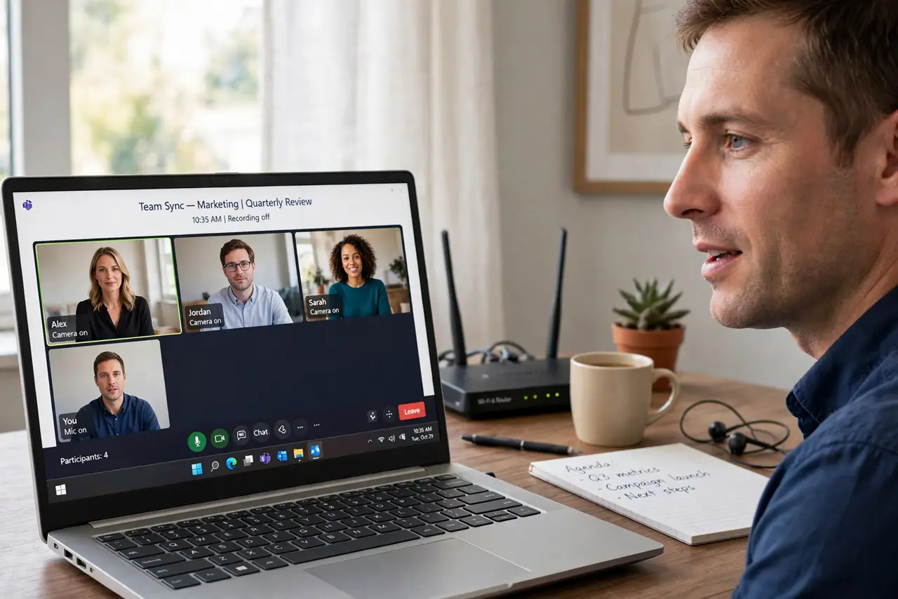 a calm adult on a work video call on a real laptop with a clear meeting screen, a router visible on the desk behind, the person speaking calmly into the call. No black screen, no blank white screen, no fake or garbled...