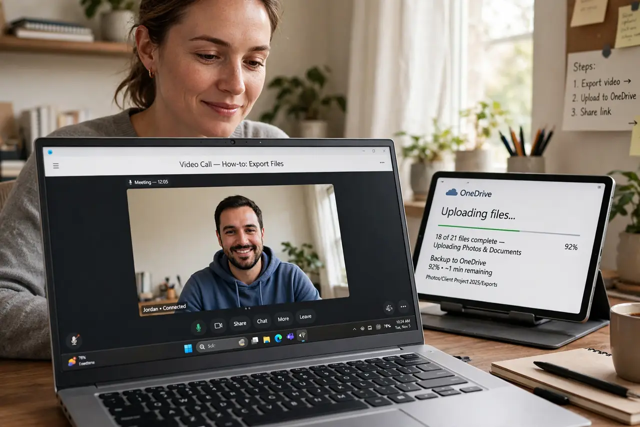 a person on a real video call on a laptop, the video smooth and clear, while another device uploads files in the background, the person's face relieved, home...