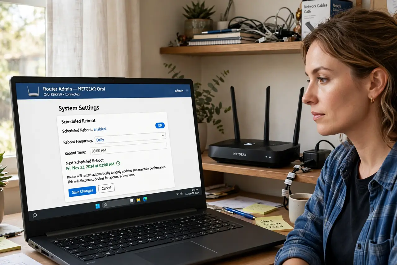 A person looking at a real laptop screen showing a router admin page with a legible scheduled-reboot setting, the router hardware visible on a shelf.