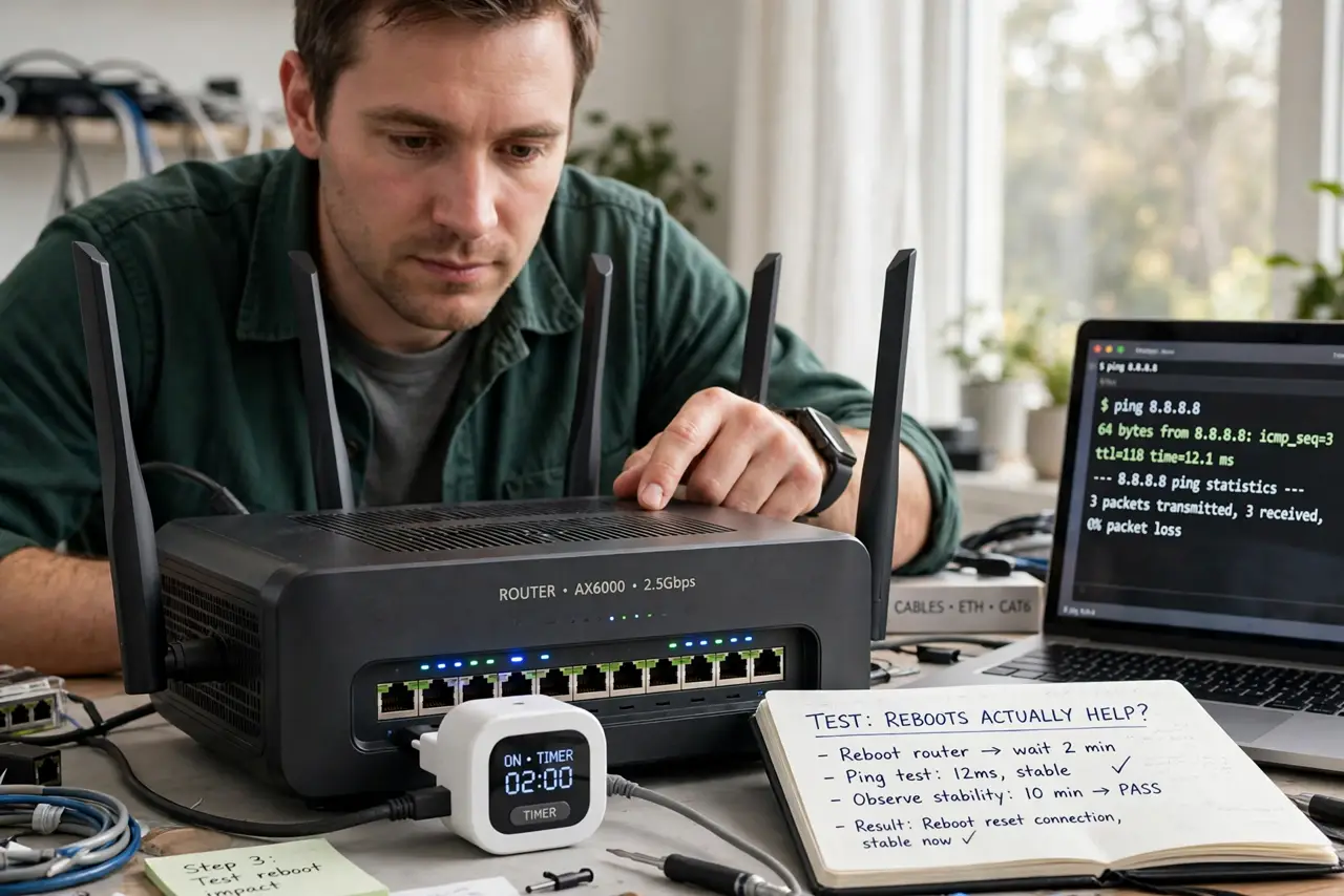 Step 1 in action for Should Your Router Reboot on a Schedule: Test whether reboots actually help.