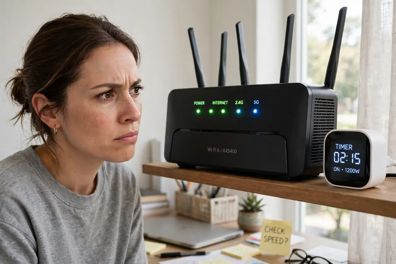 Should Your Router Reboot on a Schedule — a person looking at a real router with its lights on, a smart plug with a timer display beside it on a shelf,