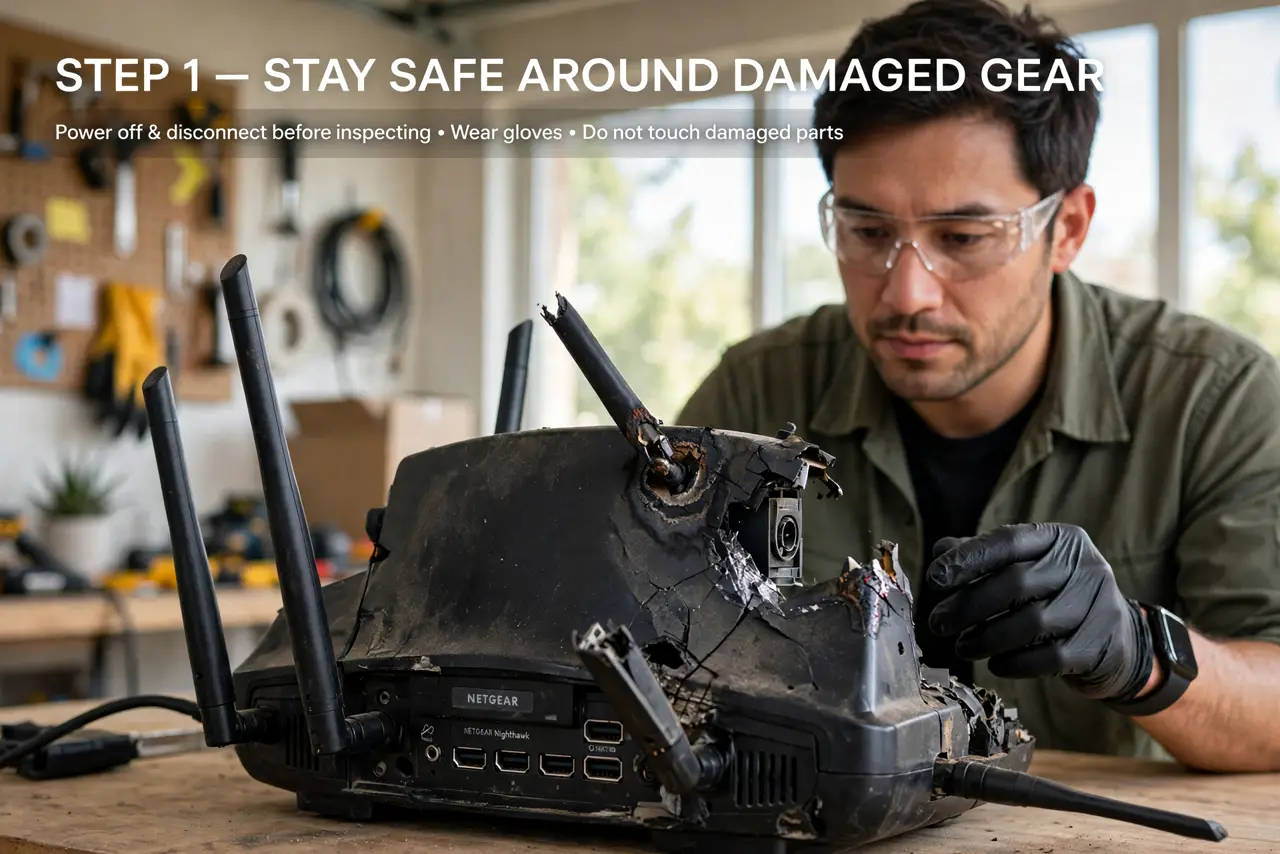 Person performing step 1: Stay safe around damaged gear. Do not touch wet cables, wet sockets, or a router that smells burnt or looks damaged. If anything is wet...