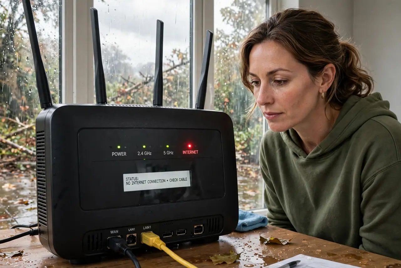 Photorealistic photo: A calm adult near a real router after a storm, the real router lights visible complete and legible with a red light showing, the person checking carefully.