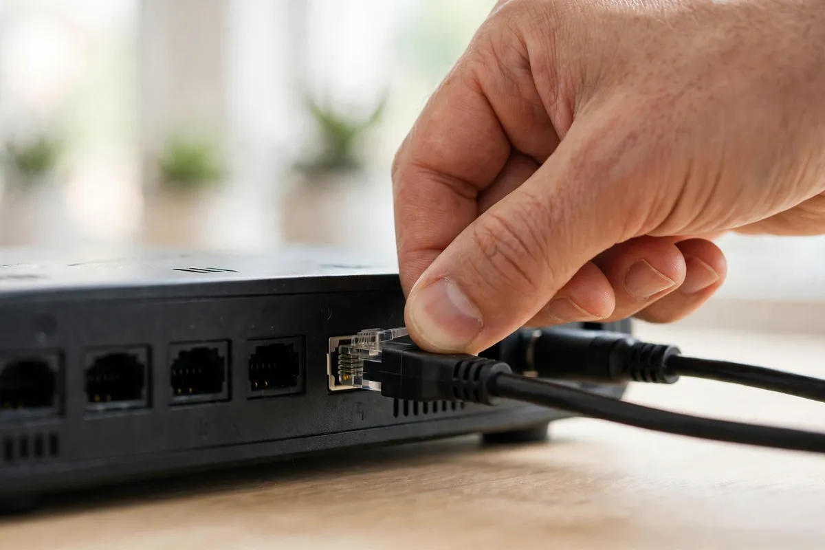 A hand pushes an ethernet cable firmly into the back of a router.