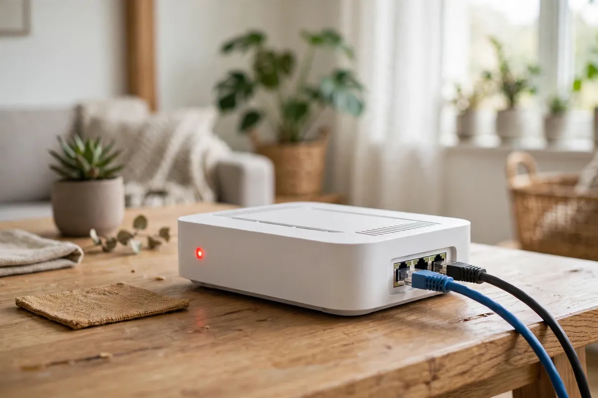 A white home router on a wooden desk in a bright living room, its red indicator light glowing, with ethernet cables plugged in.