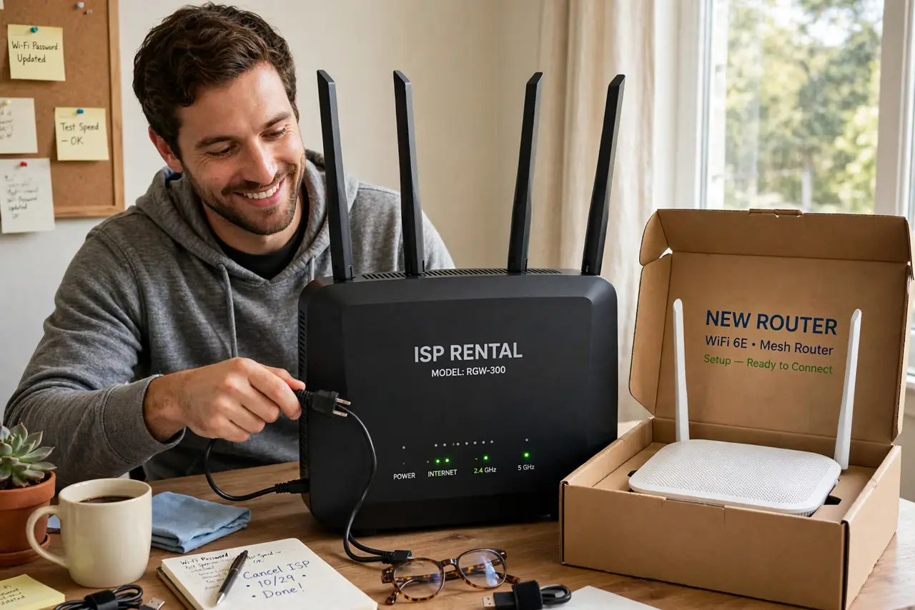 a person unplugging a real ISP rental router next to their own new router box, the person's face satisfied, home office. No black screen, no blank white screen, no fake or garbled .