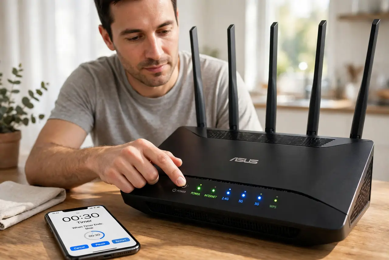 Reset vs Restart: Which Does Your Router Need — a calm adult's hand pressing the power button on a real router with lights on and legible, a real phone timer