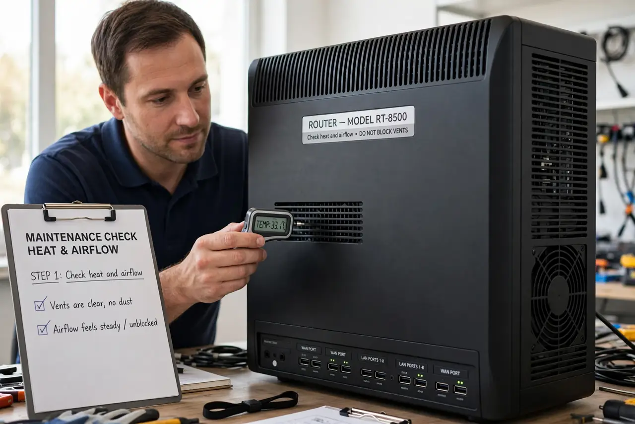 Person performing step 1: Check heat and airflow. Move the router out of a cabinet or stack, and make sure its vents are clear. A router that overheats restarts...