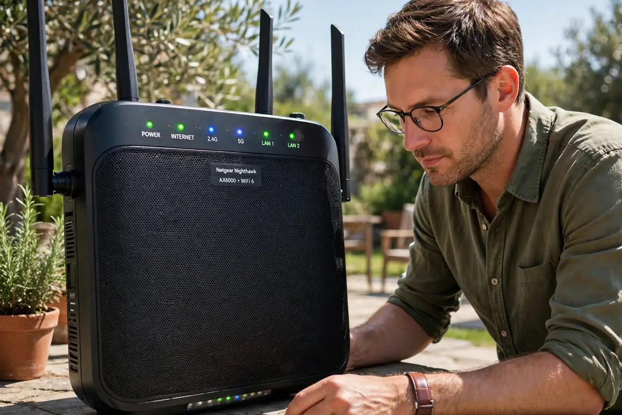 Photorealistic photo: A calm adult near a real router in open air, the real router lights visible complete and legible, the person checking carefully.