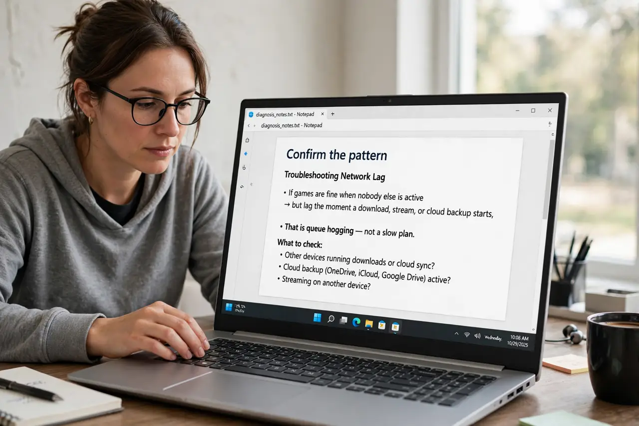 A person performing the guide's first step: Confirm the pattern. If games are fine when nobody else is active but lag the moment a download, stream, or cloud backup starts, that is…