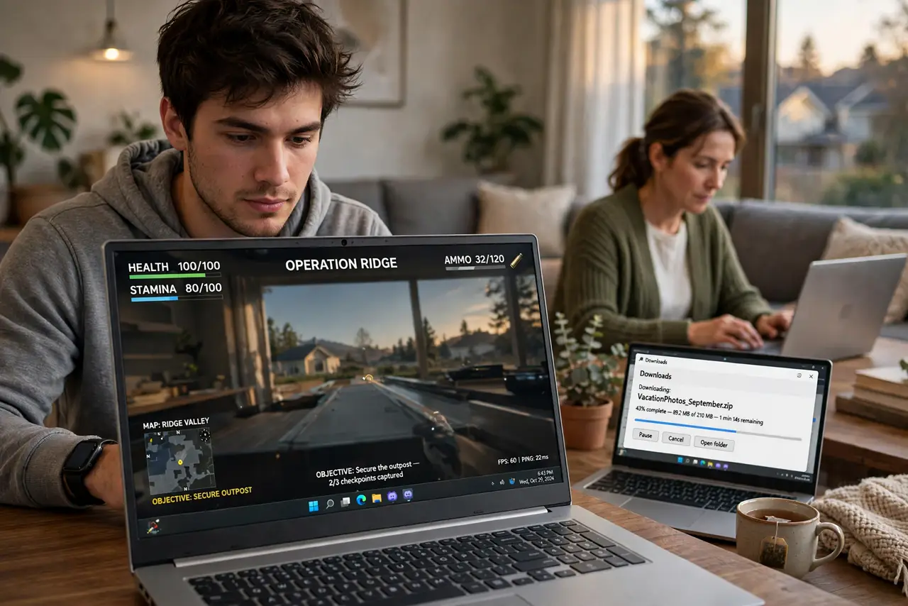 A person gaming on a real PC showing a game with legible HUD, while a family member in the background starts a download on a laptop, the gamer's face focused, living room evening.