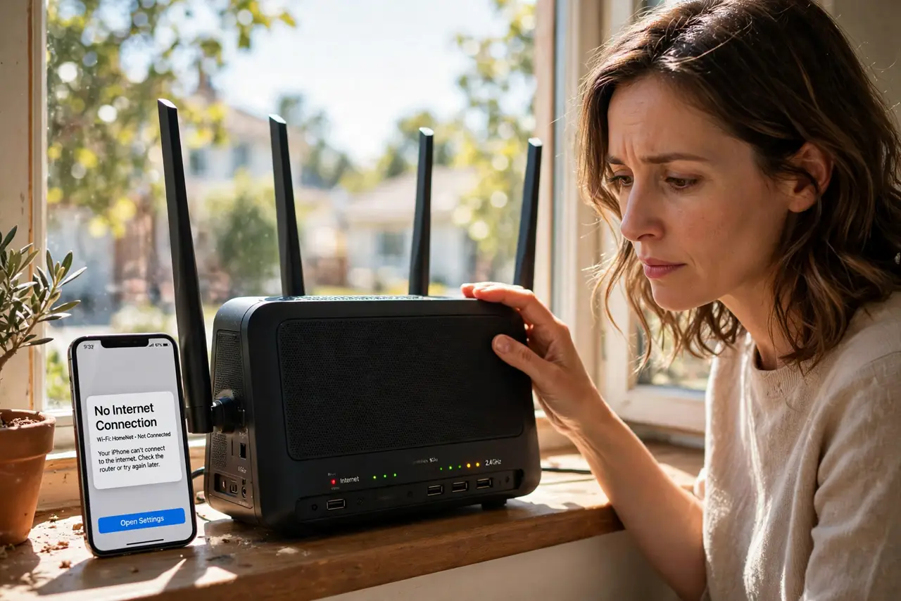 Router Overheats in Summer — a calm adult touching a real router on a sunny windowsill with a concerned-but-calm face, a real phone showing