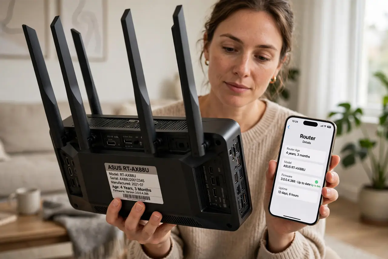 Photoreal photo of a person performing the first step: Check the router's age. Past five years, standards have moved on and security updates may ha...