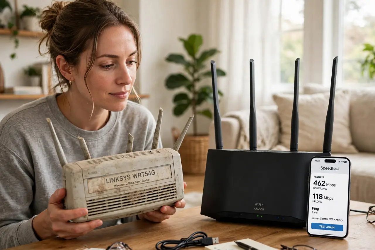 Photoreal photo: a person holding an old dusty router next to a new modern router on a table, a phone showing a legible speed test, the person's face thoughtful, living room. No black screen, no blank white screen,...