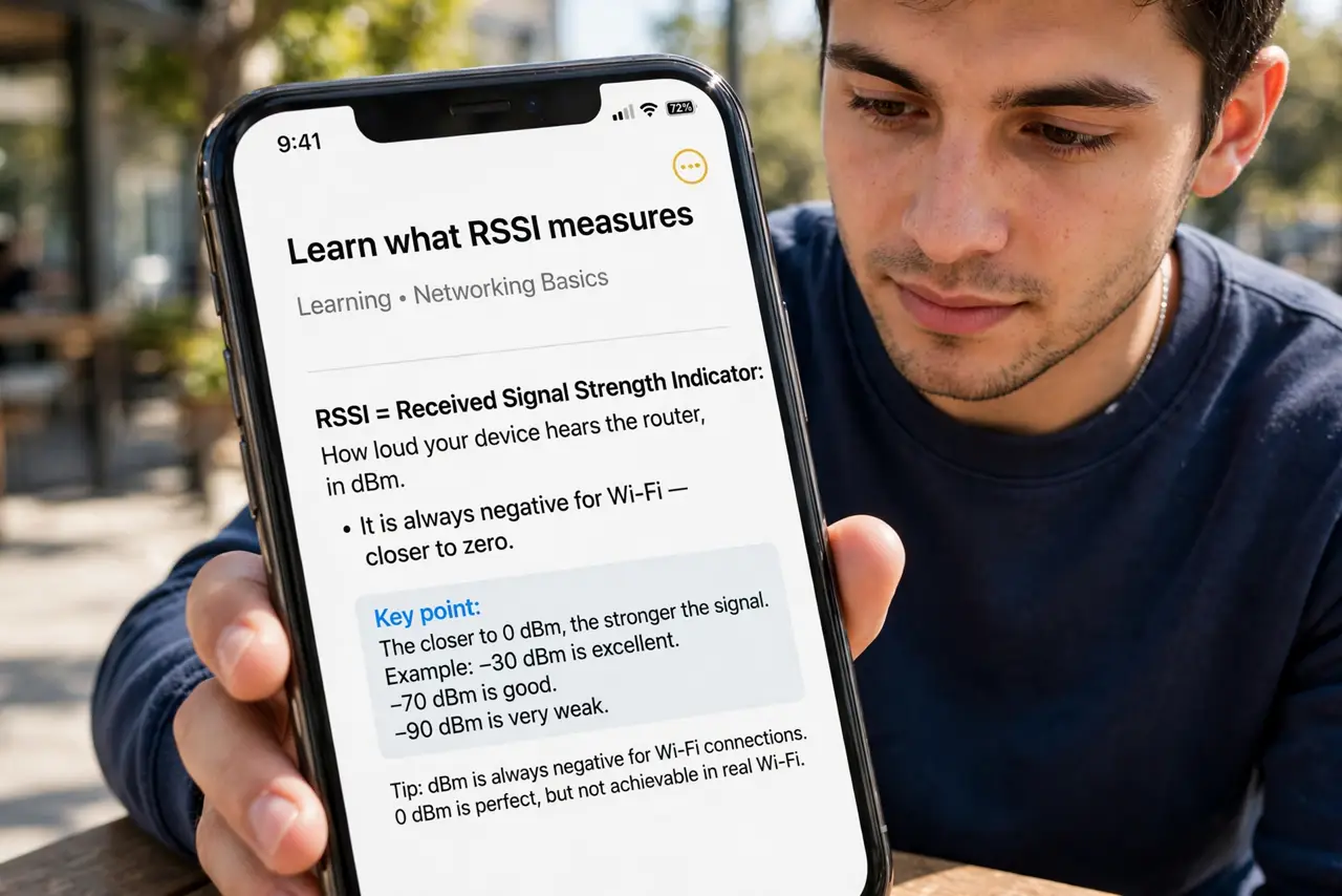 A person performing step 1: Learn what RSSI measures. RSSI = Received Signal Strength Indicator: how loud your device hears the router, in.