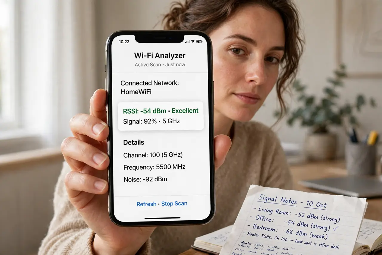 A person holding a real smartphone showing a Wi-Fi analyzer with an RSSI reading legible, a notebook with signal notes beside them, the person's face enlightened, home office.