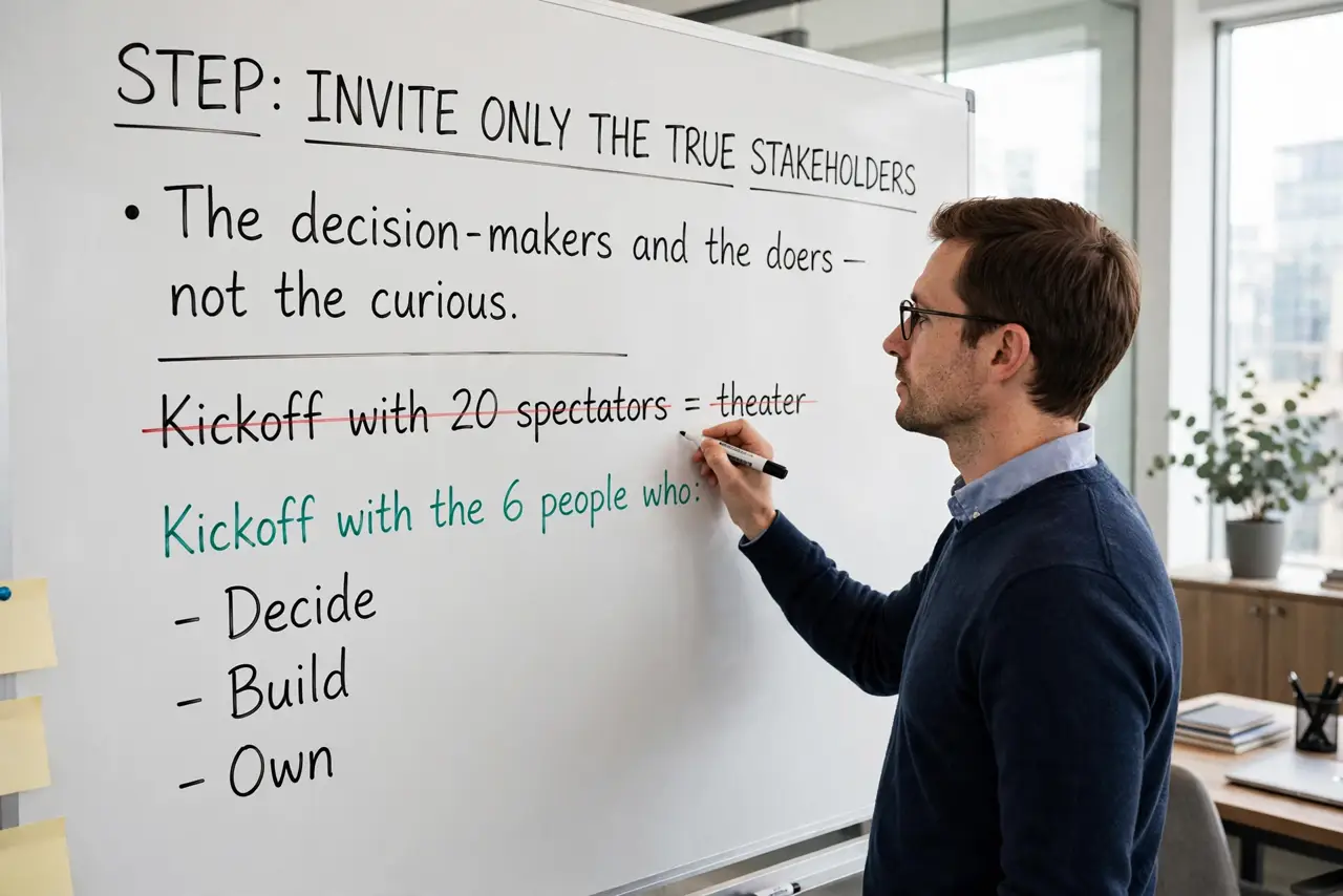 A person performing step 1: Invite only the true stakeholders. The decision-makers and the doers — not the curious. A kickoff with twenty .
