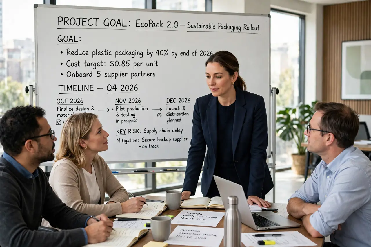 A person leading a real meeting around a real table with colleagues, a whiteboard behind showing a legible project goal and timeline, the person's face confident and organized,.