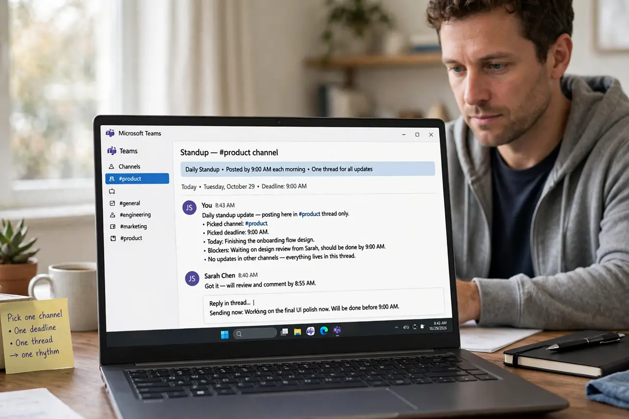 A person performing step 1: Pick one channel and one deadline. Standup updates live in a single thread or channel, posted by a fixed time .
