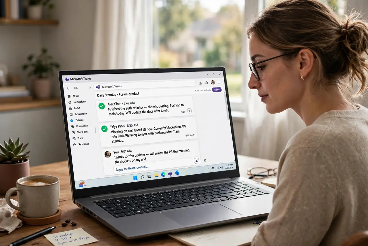 A person at a home desk reading a team chat on a real laptop with legible standup update messages on screen, a coffee beside them, the person's face.