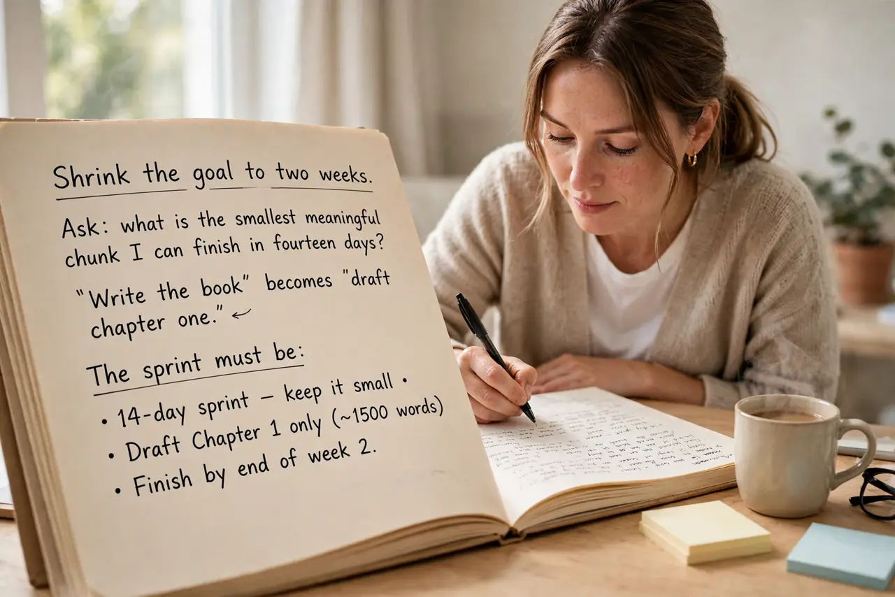 A person performing step 1: Shrink the goal to two weeks. Ask: what is the smallest meaningful chunk I can finish in fourteen days? 'Write.