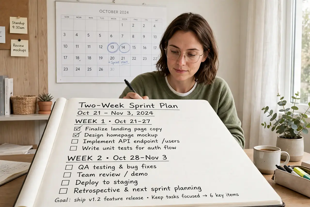 A person planning at a real desk with a real notebook showing a legible two-week sprint plan with checkboxes, a calendar on the wall behind, the person's face.