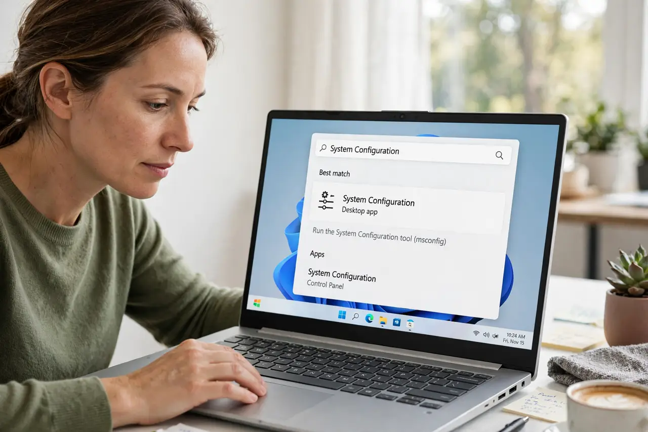 A focused woman opening System Configuration from Windows search.