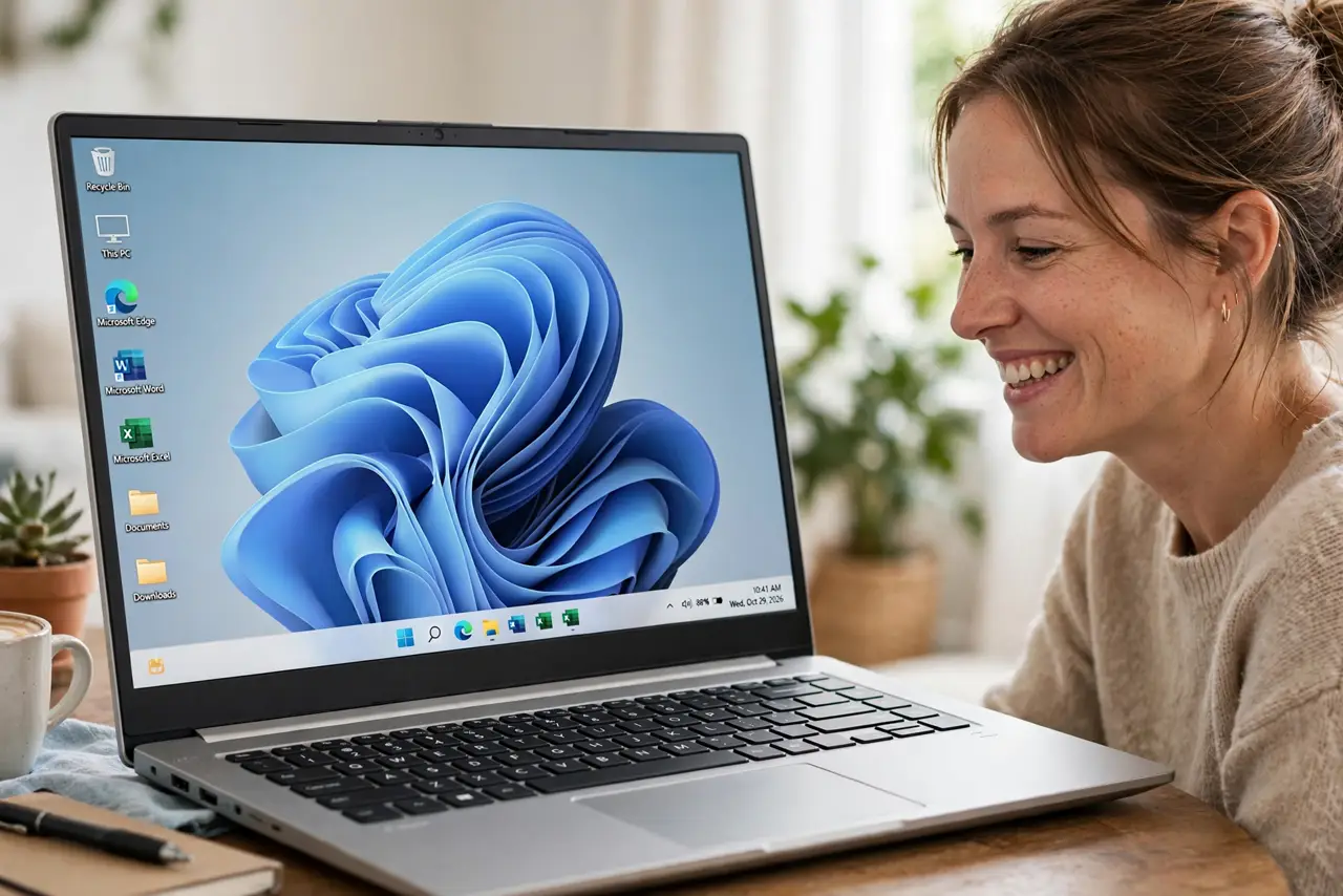 A relieved woman smiling at her Windows laptop showing the normal desktop.