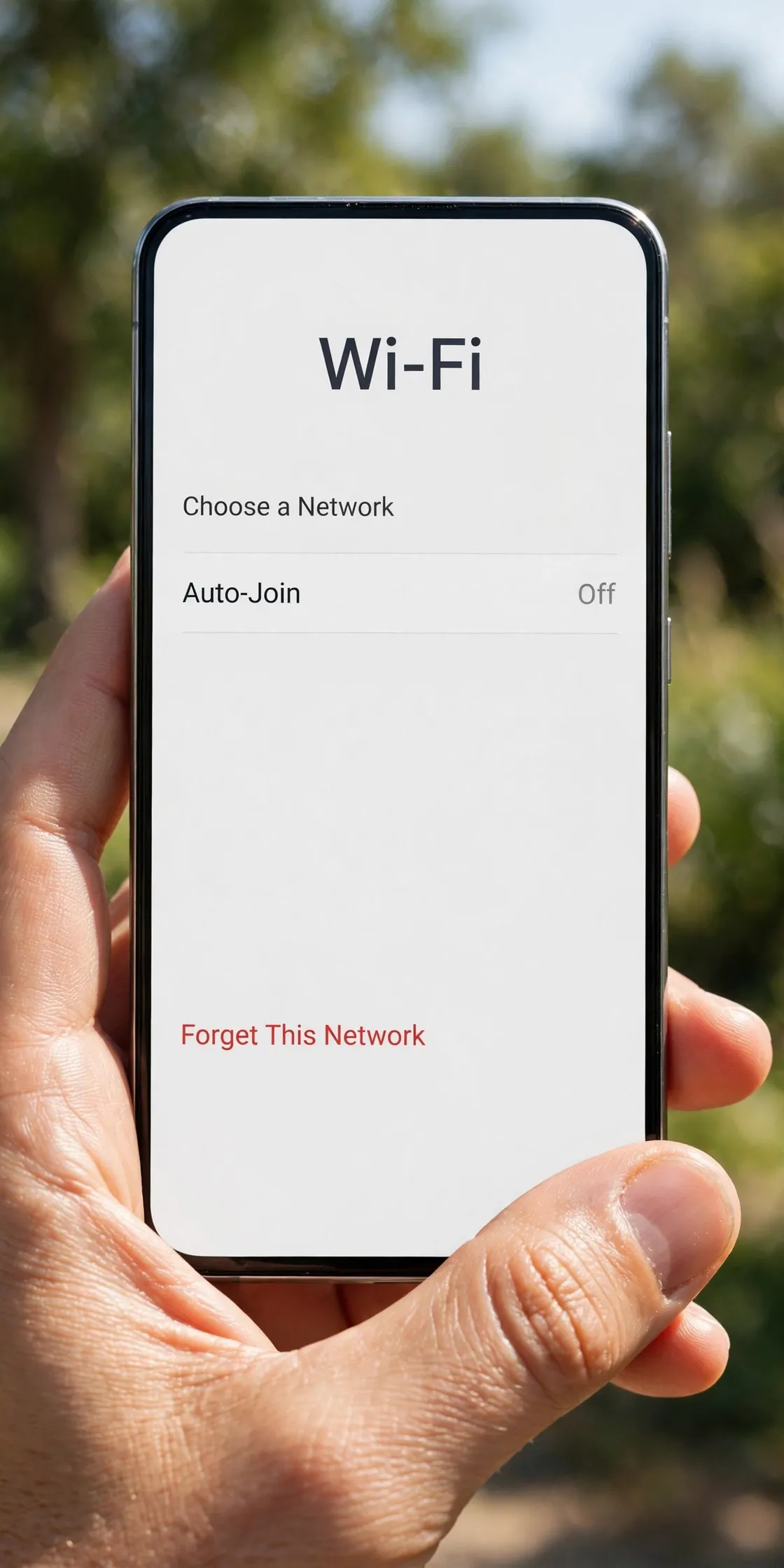 A phone showing Wi-Fi settings with Auto-Join set to Off and a Forget This Network option at the bottom.