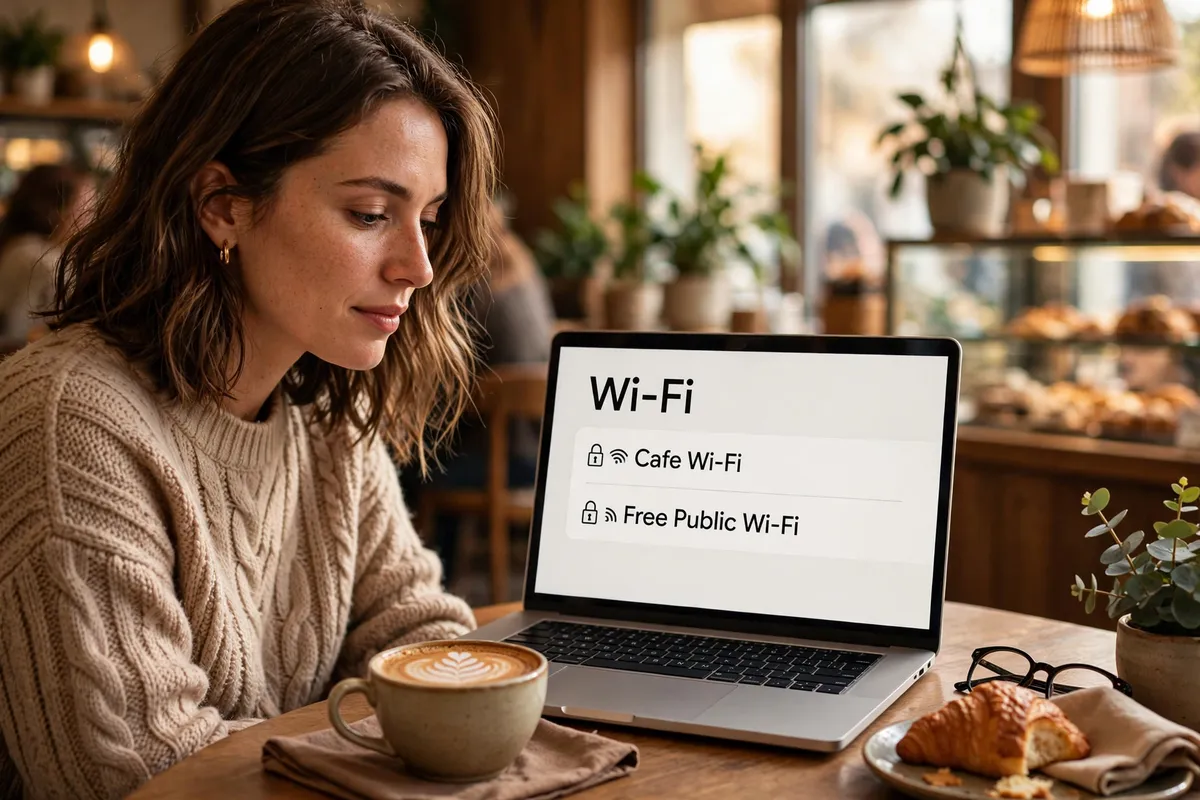 A woman in a warm cafe looking at her laptop showing a Wi-Fi list with Cafe Wi-Fi and Free Public Wi-Fi, with a cup of coffee on the wooden table beside her.