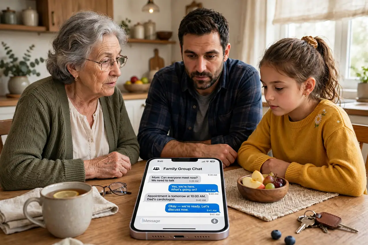 a family of three generations sitting together at a real kitchen table talking seriously, a real phone lying on the table, warm home lighting, faces attentive and caring. No black .
