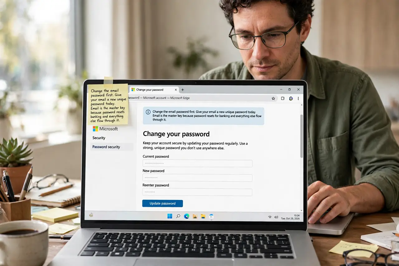 A person performing step 1 of the guide: Change the email password first. Give your email a new unique password today. Email is the master key because password resets for...