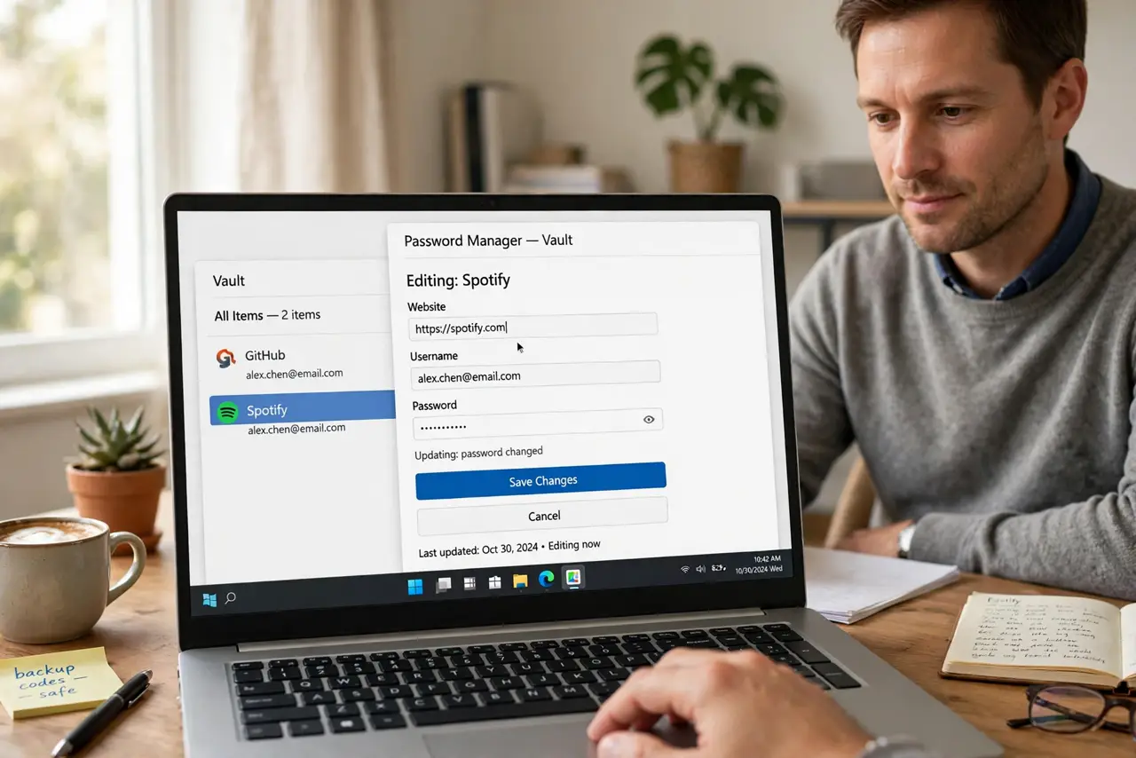 a calm adult at a desk with a real laptop, the screen showing a normal password manager with two different saved logins and legible text, the person updating one